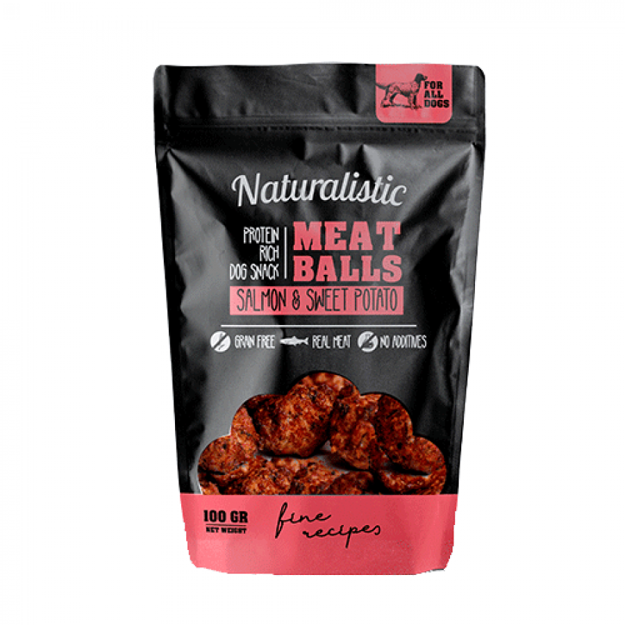 Naturalistic protein rich meatballs sabor salmón y papa dulce snack para perros