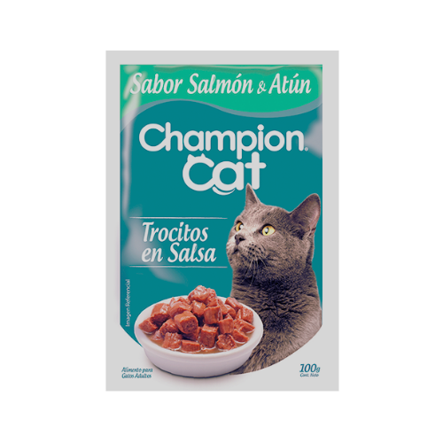Trocitos en salsa Sabor Atún y Salmón 85g- Champion Cat