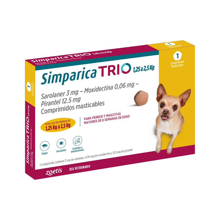 Simparica trio 1.3 - 2.5 kg antiparasitario para perros caja 1 comprimido
