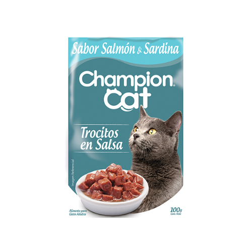 Trocitos en salsa Sabor Salmón & Sardina 100g - Champion Cat
